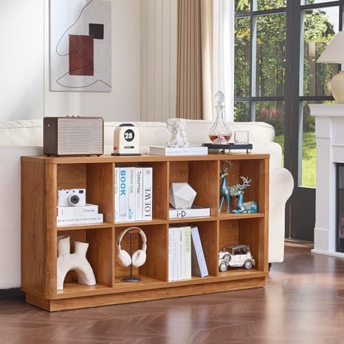 Joaxswe 8 Cube Storage Book Shelf, 52" Long Horizontal Bookshelf with Curved Edge, Floor Standing Wooden Cubby Bookcase with Base, Modern Low Console Book Case, TV Stand for Living Room, Brown