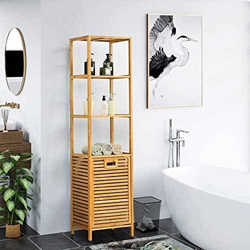 4 Tier Bamboo Shelves with Tilt Out Laundry Hamper, Freestanding Storage Shelf with Laundry Basket, Tower Hamper Organizer for Laundry Room, Bathroom, Bedroom, Natural