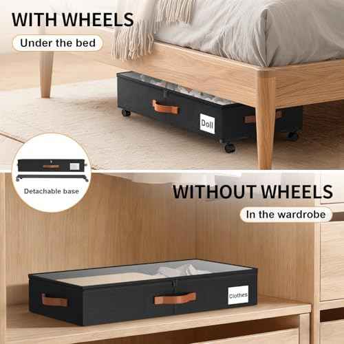Under Bed Storage Containers with Wheels Large Underbed Shoes Blankets Clothes Toy Storage Drawers for College Dorms Bedrooms Nursery Rooms Organization (Black 2 Pack, 6.6in height(30.3"x15.7"x6.6"))