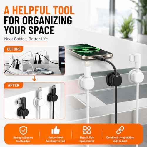6Pack Cord Organizer - [Dual Spring & Clasp Lock] Cable Management Clips, Adhesive Phone Charger Keeper, Compact Wire Holder for Nightstand/Car, Home Office Desk Accessories Decor Essentials