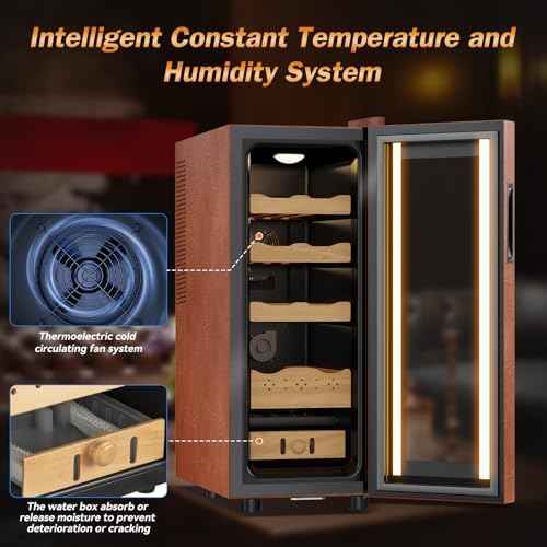 Cigar Humidor with Leather-35L Cooling & Heating Electric Humidor Cabinet, Smart Touch Control Humidity & Temper, Cigar Humidors wtih Spanish Cedar Wood, Digital Display, Safety Lock,Gift for Men