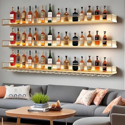 Metal Wall Mounted Wine Rack with LED Light, 3 Tiers Liquor Bottles Floating Shelves with Glass Holder, Wine Shelf Industrial Bar Shelves for Home Bar Dining (Black, 120cm/47.2in)