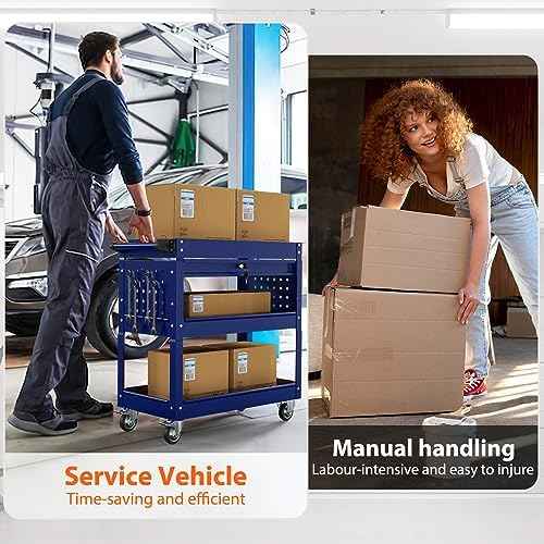 3 Tier Heavy Duty Rolling Tool Cart with Drawers, Large Storage Utility Cart on Wheels for Garage, Warehouse, Repair Shop (Deep Blue)