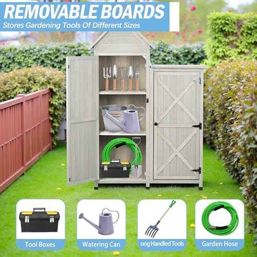 Outdoor Storage Cabinet|Waterproof Metal Roof & Wooden Vertical Design, Tall Garden Tool Shed with Multiple Shelves for Patio, Backyard, Lawn, Yard,Outdoor Storage shed