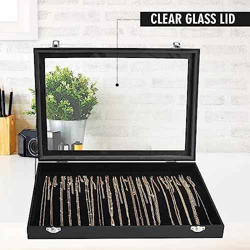 Necklace Organizer Box with Clear Lid Velvet Tray for Jewelry Storage Display Case, 20 Hooks Glass Top Drawer Insert Necklaces Pendants Dustproof Necklace Jewelry Box Organizer & Tray (Black)