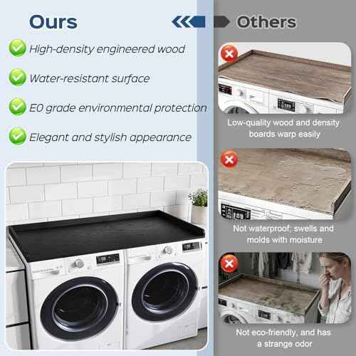 Fivesun Washer Dryer Countertop, 27.5" x 54“ Wood Washer and Dryer Countertop with Edge Rails for Laundry Room Organization and Storage, Black