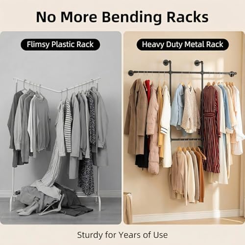 Industrial Pipe Clothing Rack, Hanging Garment Rack, Wall Mounted Pipe Clothes Rack with Four Hanging Rods, Heavy Duty Garment Rack, Industrial Steampunk Closet Organizer Hall Tree (Metal Pipes-Black)