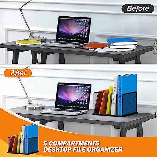 Kuntine.B Desk File Organizer Upright Mesh Desktop Organizer File Sorter Office Organization File Holder for Home, Office & Classroom (Black, 1 Pack 5-Section)