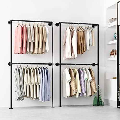 Industrial Pipe Clothing Rack Wall Mounted Garment Rack, Black Pipe Clothes Rack Retail Display Hanging Rod for Closet Storage, Laundry Room