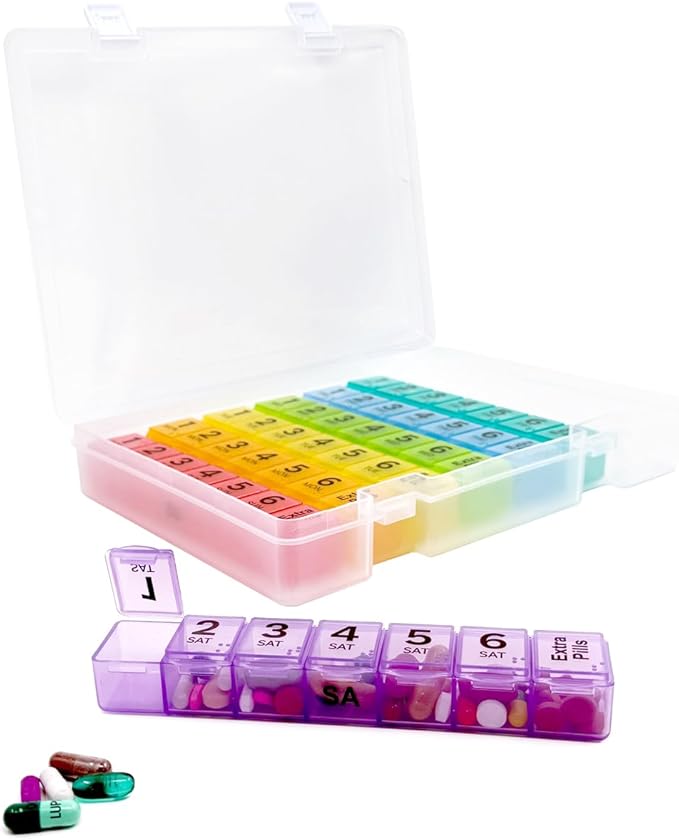 6 Times a Day Weekly Pill Box Organizer Case, Secure 7X Pillbox by PillThing
