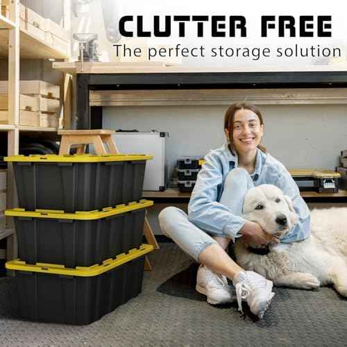 8 PACK of 12 Gallon Medium Black & Yellow Storage Bins | Plastic Tote Organizing Container with Secure Latching Lids, Stackable, Extra Strength with Built in Handle | 24.5" x 16.5" x 9"