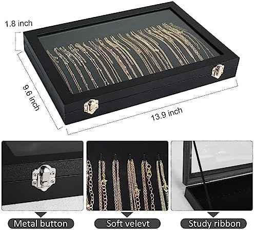 Necklace Organizer Box with Clear Lid Velvet Tray for Jewelry Storage Display Case, 20 Hooks Glass Top Drawer Insert Necklaces Pendants Dustproof Necklace Jewelry Box Organizer & Tray (Black)