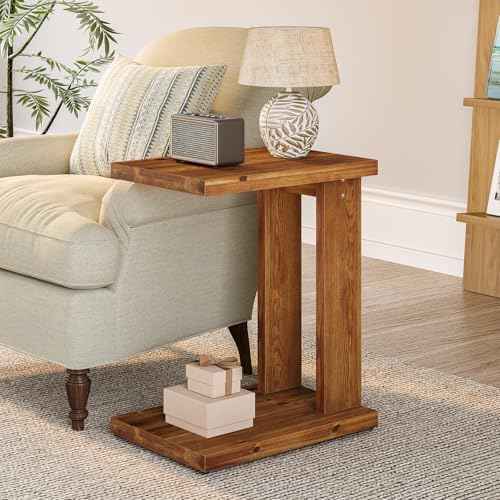 Solid Wood C-Shaped End Table, Wooden Side Table for Sofa, 2-Tier Bedside Nightstand for Living Room, Bedroom