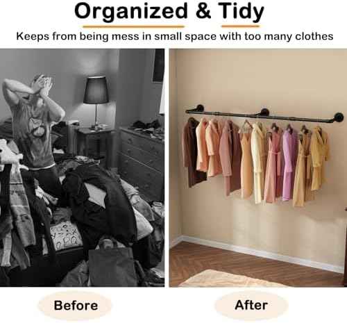 Wall Mounted Clothes Rack, 60in Industrial Pipe Clothing Rack for Hanging Clothes, Heavy Duty Garment Rack Wall, Space-Saving Bar, Multi-Purpose Hanging Rod for Laundry Room, Bedroom, 1 Pack