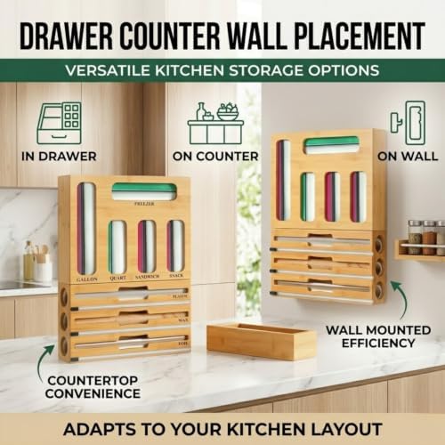 9 in 1 Bamboo Storage Bag Organizer for Kitchen Drawer, Bamboo Kitchen Drawer Organizer with Cutter, Foil and Plastic Wrap Dispenser, Ideal Storage for Gallon, Quart, Sandwich and Snack Bags