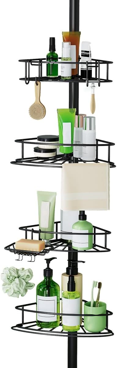 Corner Shower Caddy Tension Pole-4 Tier Adjustable Bathroom Shower Organizer by Binecer