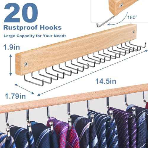 Belt and Tie Organizer for Closet, Tie and Belt Rack Wall Mounted with 20 Storage Hooks, Non Slip 180 Degree Rotating Tie Holder Belt Hanger for Closet/Wall Mount