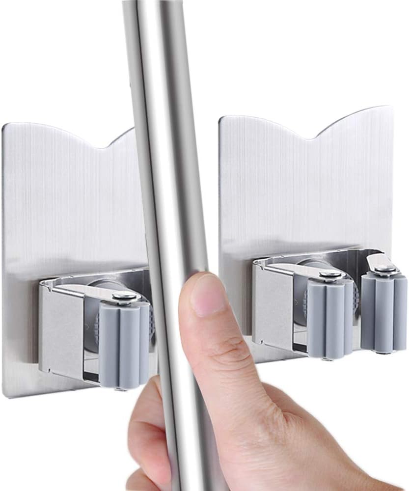 HANZE Stainless Steel Mop Broom Holder Organizer, Self Adhesive Wall
