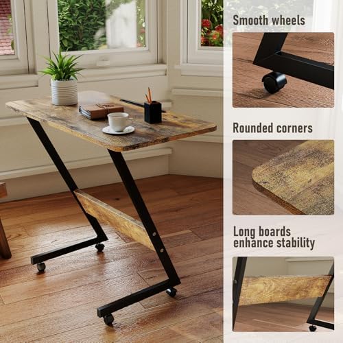 Funecy Overbed Bedside Table with Wheels,Small Desk Portable Rolling,Overbed Table Home Use, Portable Computer Desk,Movable Desk (Rustic Brown)