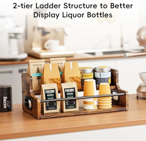 KLM Liquor Bottle Display Shelf, Coffee Syrup Rack Organizer, 2 Step Countertop Liquor Wine Rack, mini bar,Liquor Cabinet, Home Retro Bar Shelf Stand for Liquor Whiskey, Spirits, Brown