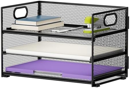 Marbrasse 3 Tier Paper Organizer Letter Tray, Mesh File Organizer with Handle, Paper Sorter Desk Organizer for Home Office Supplies