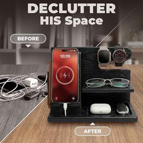 TESLYAR Wood Phone Docking Station for Men - Desktop or Nightstand Organizer - Birthday Gifts for Men, Dad - Anniversary Idea from Wife - Key Holder, Stand Wallet, Watch & Essentials (Granite Black)