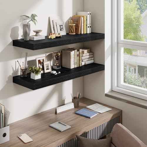 Fun Memories Floating Shelves for Wall, 40 Inch Floating Shelf for Home Decor, Wall Mounted Rustic Wood Shelves 12 Inch Deep, Hanging Deep Shelf for Bedroom, Living Room, Kitchen, Black, Set of 2