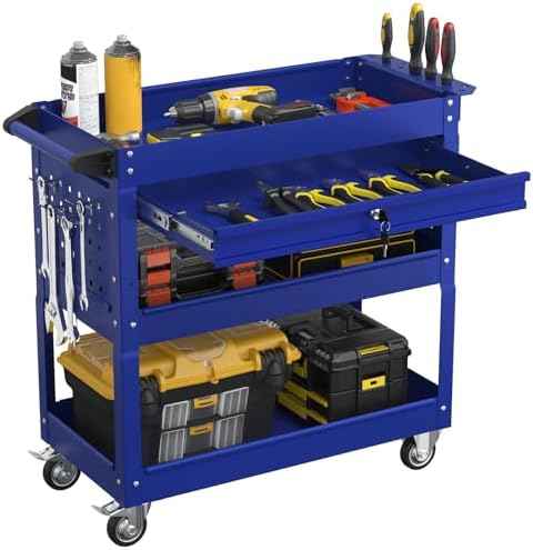 3 Tier Heavy Duty Rolling Tool Cart with Drawers, Large Storage Utility Cart on Wheels for Garage, Warehouse, Repair Shop (Deep Blue)