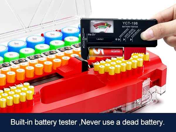 Battery Organizer Storage Holder Box Case with Tester, New Ultra-Large 285+Batteries Double-Sided Variety Pack, Holds AA AAA 4A C D Button Cell 9V 3V Lithium18650 CR2 CR123 CR1632 LR44 (Red)
