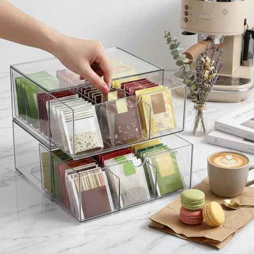 2 Pack Acrylic Tea Bag Organizer, 9 Grids Clear Tea Bag Holder, Stackable Teabag Holder Organizer, Clear Acrylic Teabag Drawer Holders for Countertop, Cabinet, Kitchen, Counter