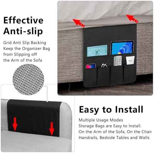 Non-slip Couch Organizer Armchair Caddy, Oxford TV Remote Control Holder Bedside Caddy with 5 Pockets for Key Glasses Phone Magazine Holders.