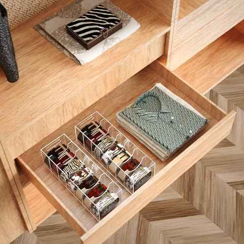 YUNEASELF Belt Organizer - Acrylic Belt Storage Holder for Closet with Dust Cover Lid - 7 Compartments Clear Display Case for Tie and Bow Tie