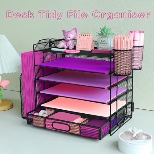 Desk Organizers and Accessories with File Holder, 6-Tier Paper Letter Tray Organiser with Drawer and 2 Pen Holder, Mesh Desktop Document Organizer for Office Supplies, Workspace - Black
