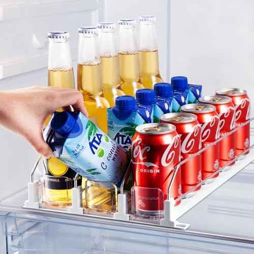 Coanto Drink Organizer for Fridge, Soda Can Organizer for Refrigerator with Automatic Pusher Glide, Adjustable Width Drink Dispenser for Fridge, Holds up to 15 Cans or Bottles, 3 Row