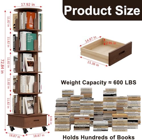 Solid Wood Rotating Bookshelf Tower on Wheels, 5-Tier Spinning