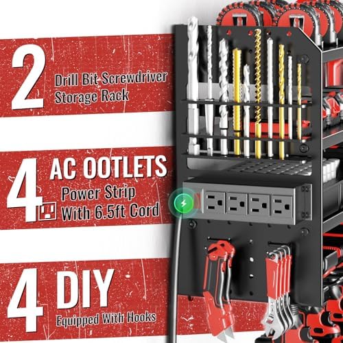 Large Power Tool Organizer Wall Mount with Charging Station, 4 Layer Heavy Duty Metal Cordless Tool Organizer, Tool Storage Rack with 8 Cordless Drill Holder Screwdriver Hammer(Black)