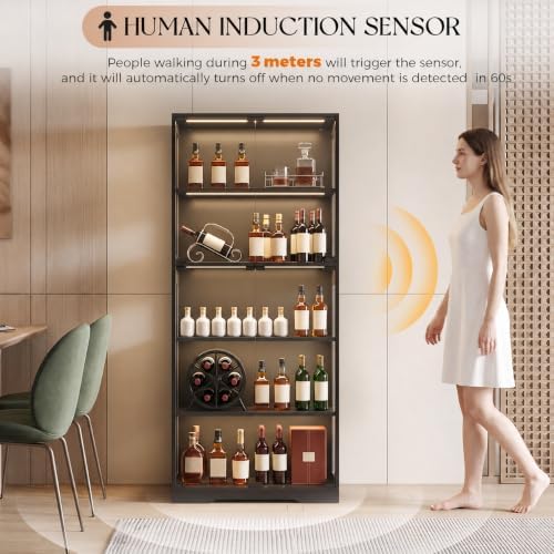 Display Cabinet with Glass Doors, LED Lights Motion Sensor