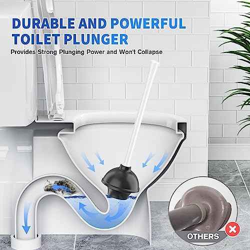 Toilet Plunger and Brush, Silicone Bowl Brush and Heavy Duty Toilet Plunger Set with Ventilated Holder, 2-in-1 Toilet Brush and Plunger Combo for 5.3-inch Bathroom Cleaning (White, 1 Set)