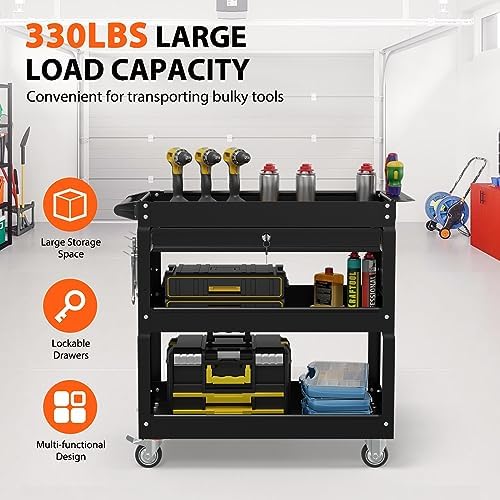 3 Tier Heavy Duty Rolling Tool Cart with Drawers, Large Storage Utility Cart on Wheels for Garage, Warehouse, Repair Shop (Black)