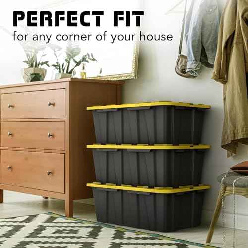 8 PACK of 12 Gallon Medium Black & Yellow Storage Bins | Plastic Tote Organizing Container with Secure Latching Lids, Stackable, Extra Strength with Built in Handle | 24.5" x 16.5" x 9"