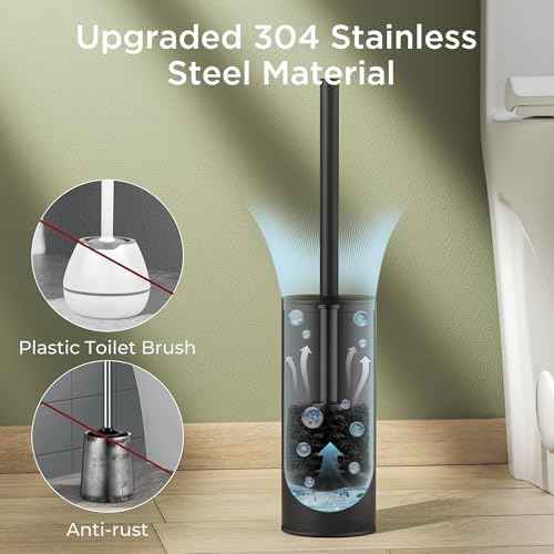 Toilet Brush and Holder Set, Toilet Bowl Brush with Heavy Duty 304 Stainless Steel Base and Extra Long Handle, Toilet Bowl Cleaners Brush for Bathroom (Matte Black)