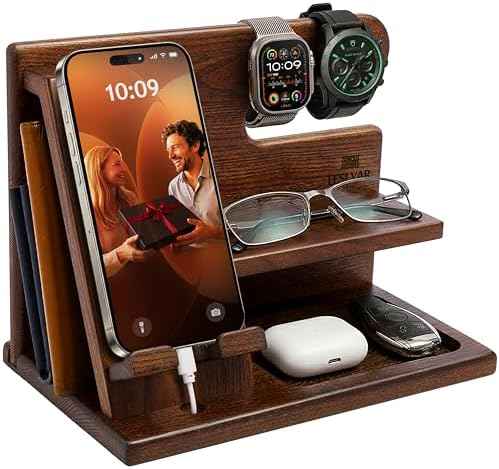 TESLYAR Wood Phone Docking Station for Men - Desktop or Nightstand Organizer - Birthday Gifts for Men, Dad - Anniversary Idea from Wife - Key Holder, Stand Wallet, Watch & Essentials (Bourbon Brown)