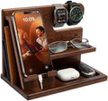 TESLYAR Wood Phone Docking Station for Men - Desktop or Nightstand Organizer - Birthday Gifts for Men, Dad - Anniversary Idea from Wife - Key Holder, Stand Wallet, Watch & Essentials (Bourbon Brown)