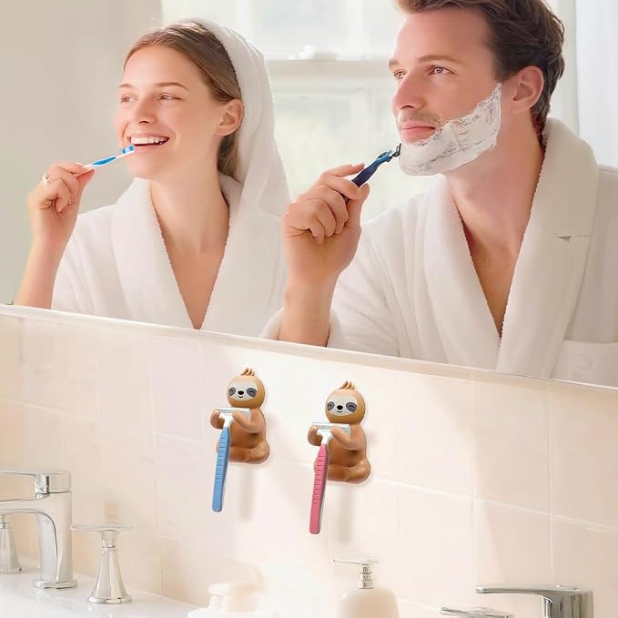 Cute Sloth Waterproof Self-Adhesive Shower Hook Set, Funny Sloth Razor Holder - Image 4