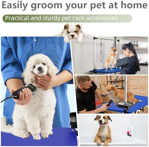 VFK 36''/47''Large Dog Grooming Table, Foldable Pet Station at Home, Dog Grooming Table,Adjustable Cat Drying Desktop with Arms, Nooses, Mesh Tray (Stainless Steel pet Table, 36" Blue)