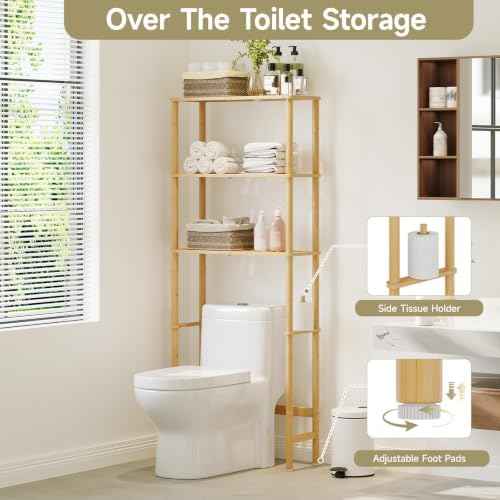 Over The Toilet Storage,3-Tier Bamboo Bathroom Shelf with Paper Holder