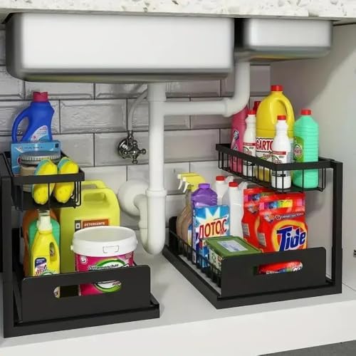 Under Sink Organizer with Sliding Drawer, Pull Out Wire Basket for Kitchen or Bathroom Cabinet Storage Under Sink Organizer Pull Out Wire Basket Sliding Drawer