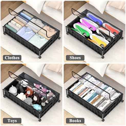 Hleelomi Under Bed Storage with Wheels and Storage Bag, 360° Rolling Under Bed Metal Drawers for Clothes, Blankets, Books and Shoes,Black， 2pack