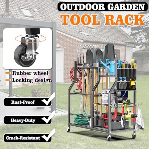 36" Large Garden Tool Organizer with Wheels & Side Tool Bag, 3 Tier Rolling Garage Storage Rack for Long Handled Rakes, Shovels, Brooms, Freestanding Yard Tools Cart for Shed & Outdoors