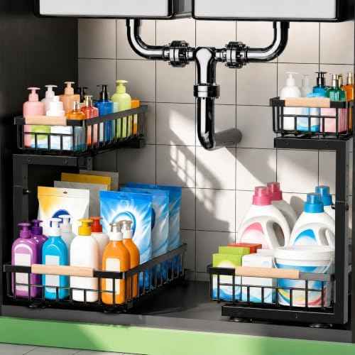 Under Sink Organizer 2 Pack, Double Slide Out Metal Shelf, Black